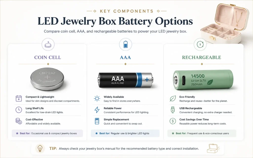 LED jewelry box battery options: coin cell, AAA, and rechargeable battery comparison