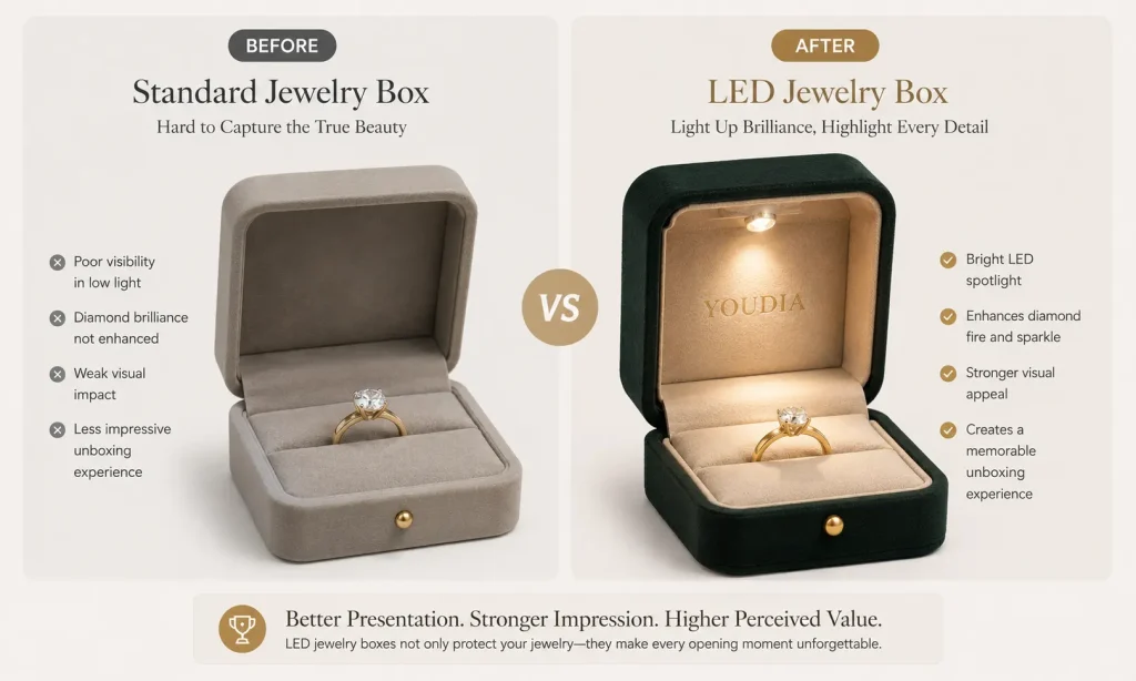 Standard jewelry box vs LED jewelry box: visual impact comparison