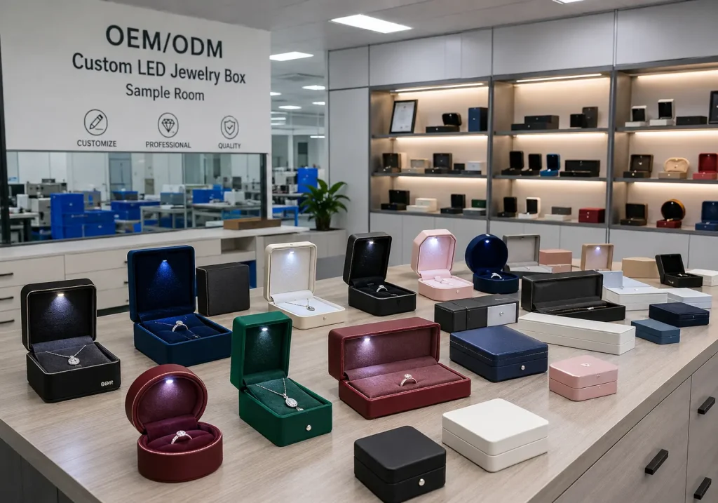 Custom LED jewelry box OEM factory: sample room with prototype display