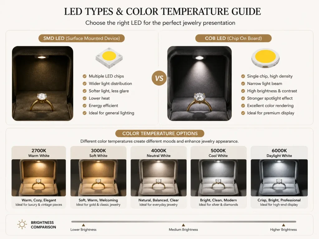 LED types for jewelry boxes: color temperature and brightness comparison