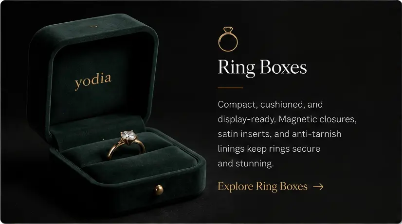 Compact, elegant, and protective boxes for engagement rings, wedding bands, and fine jewelry collections.