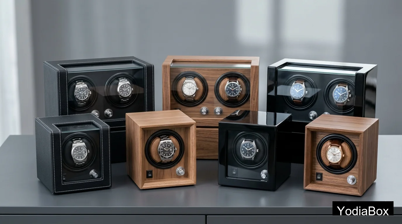 branded OEM automatic watch winder box collection in black PU leather, wood veneer, and piano lacquer finishes arranged in single and double sizes