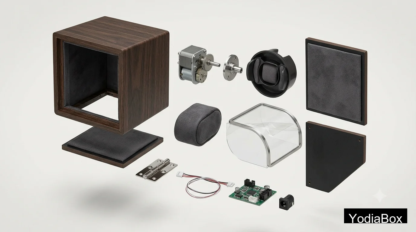 exploded view of an automatic watch winder box showing MDF shell, motor assembly, watch pillow, acrylic window, hinge, wiring, and microfiber lining