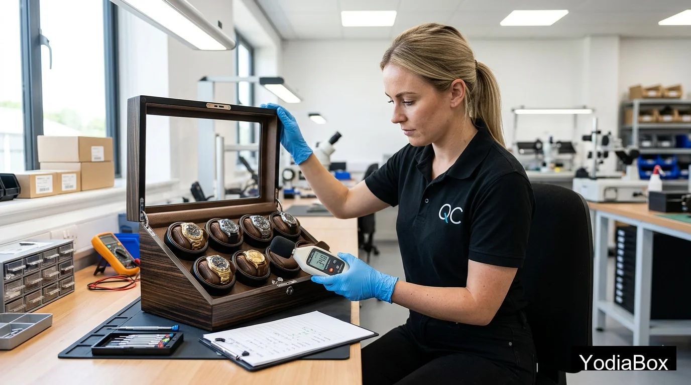 factory quality control technician checking watch winder rotation noise with decibel meter and inspecting lid alignment under bright bench light