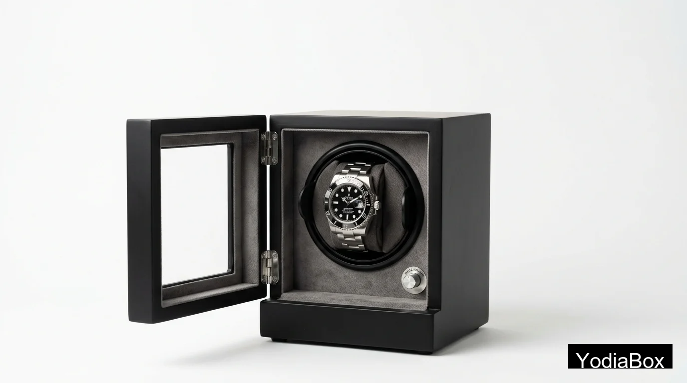 matte black automatic watch winder box with glass lid, single rotor, suede interior, shown open on a white studio background