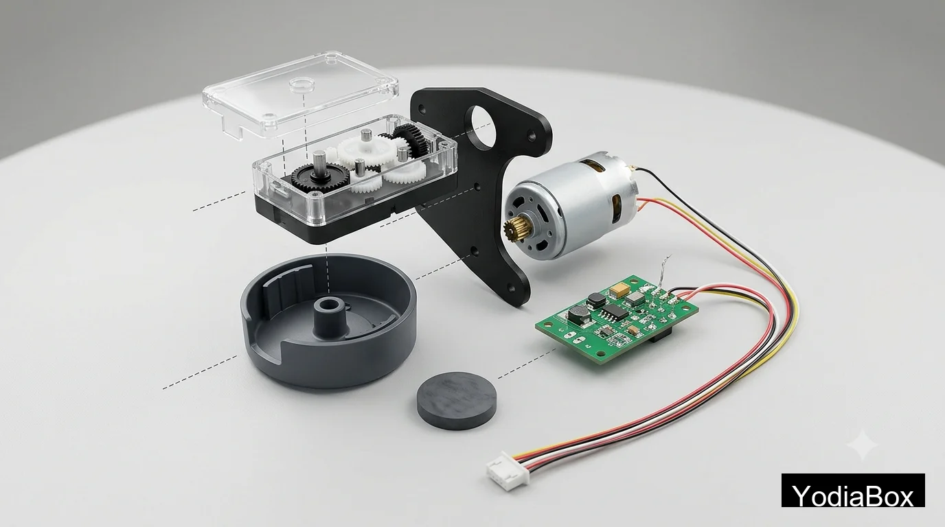 exploded watch winder motor assembly showing DC motor, gearbox, bracket, rotor cup, PCB, damping pad, and wiring harness