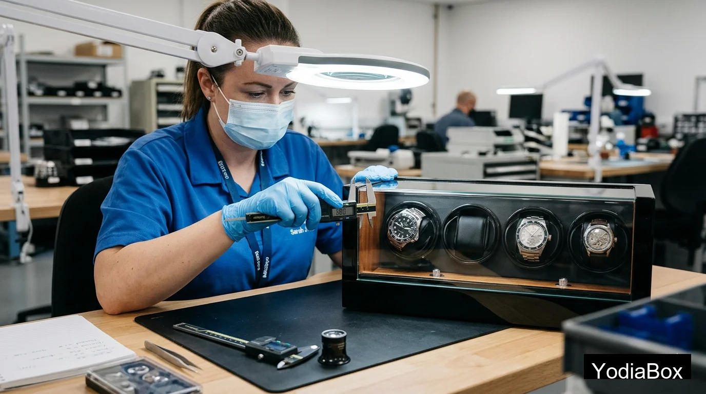 factory QC staff measuring watch winder lid gap with digital caliper and checking rotor alignment under bench light