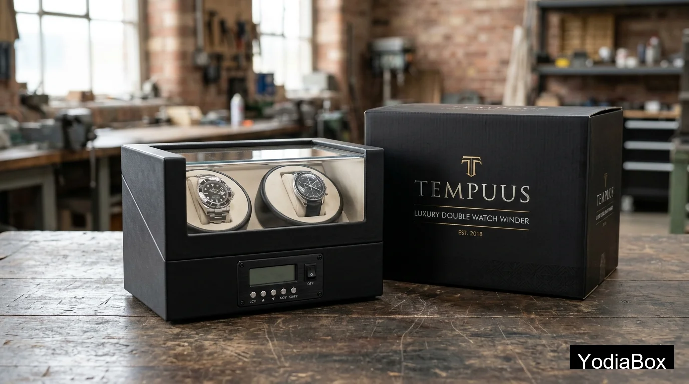 matte black double watch winder box with glass lid, cream interior pillows, front control panel, and branded gift carton on factory table