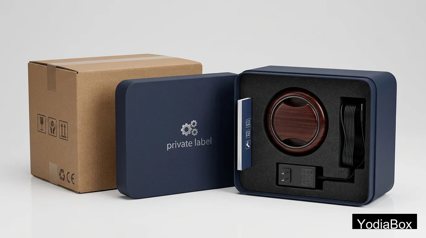 packed private label watch winder in branded rigid gift box with EVA insert, adapter compartment, user manual, and outer export carton