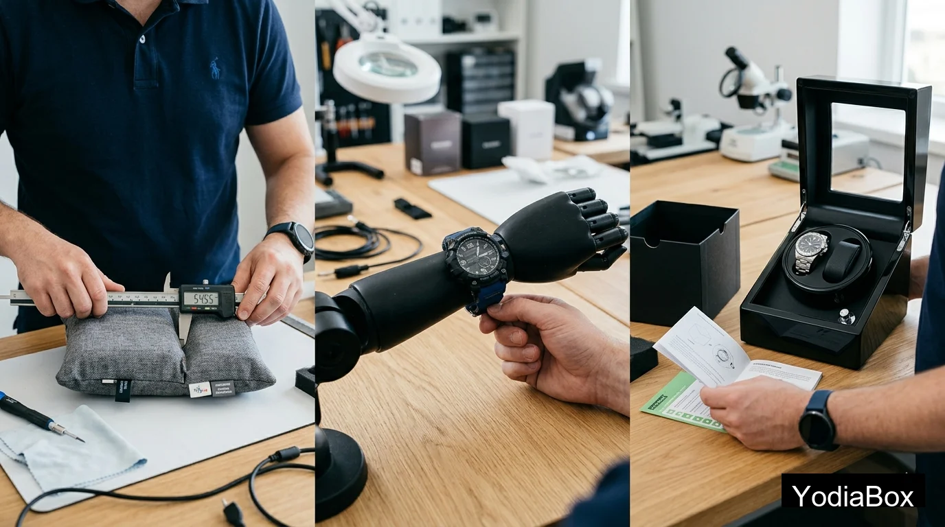 Scène d'inspection par l'acheteur montrant la mesure de la largeur d'un coussin à l'aide d'un pied à coulisse, le test d'ajustement du bracelet d'une montre de sport et la vérification de la notice d'emballage d'un remontoir de montres individuel
