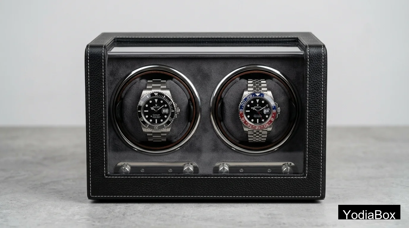 Gros plan sur un remontoir double haut de gamme, avec un extérieur en cuir noir, un intérieur doublé de daim, une vitre en acrylique transparent et des montres de style Rolex posées sur des coussins réglables