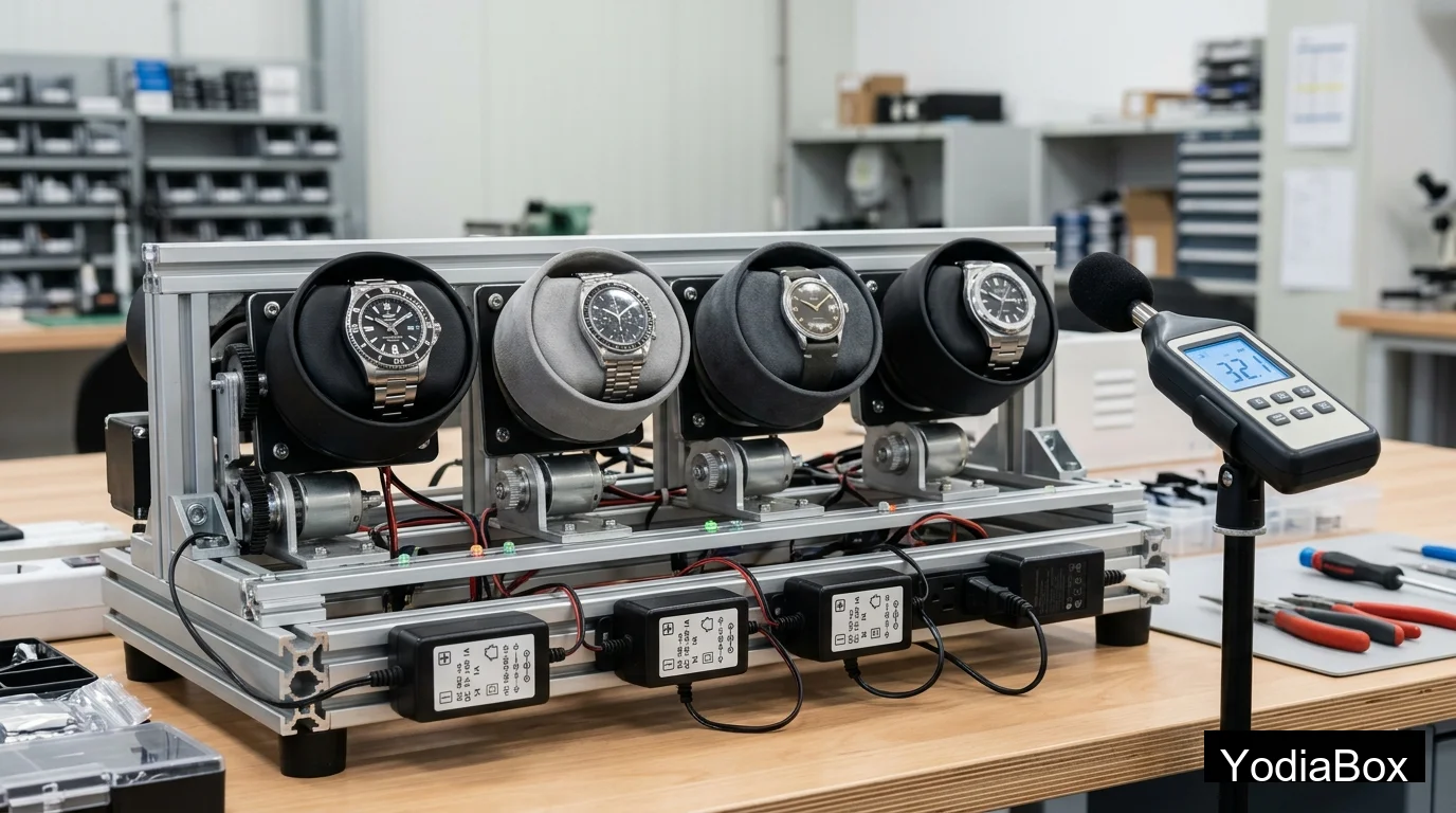 Essai au banc en usine des moteurs de remontoirs de montres à l'aide d'un sonomètre, avec les étiquettes des adaptateurs secteur et des coussins pour montres chargés, dans le cadre d'un test d'endurance