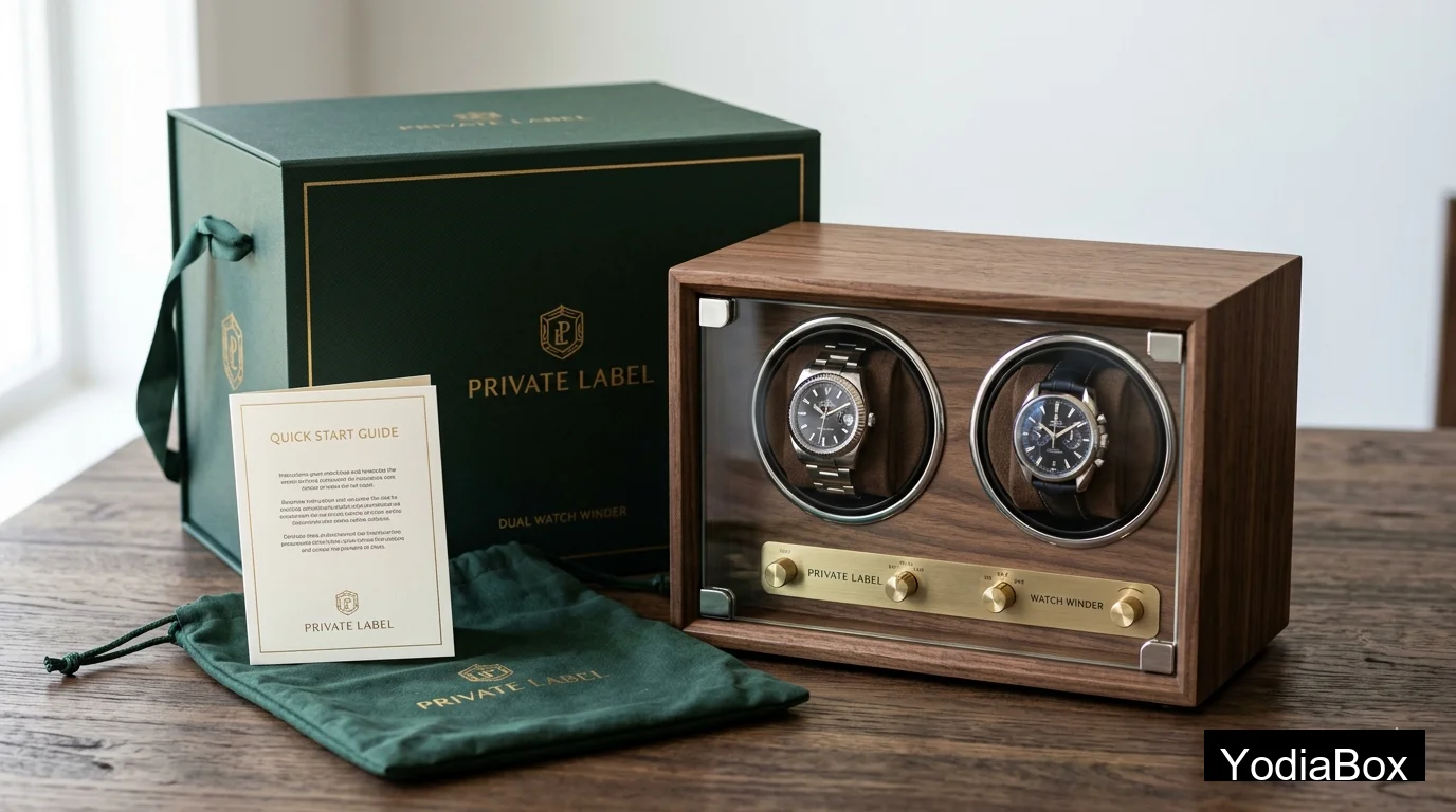 Ensemble d'emballage prêt à l'emploi pour marque de distributeur, comprenant un coffret cadeau rigide à l'effigie de la marque, une fiche d'instructions, une housse de protection et un double remontoir pour montres en placage de noyer, présenté en vue de son lancement en magasin