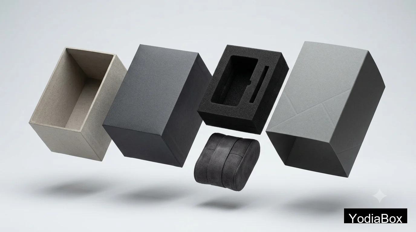 exploded view of custom watch box components showing greyboard shell, wrapped paper, foam insert, suede pillow, and outer sleeve