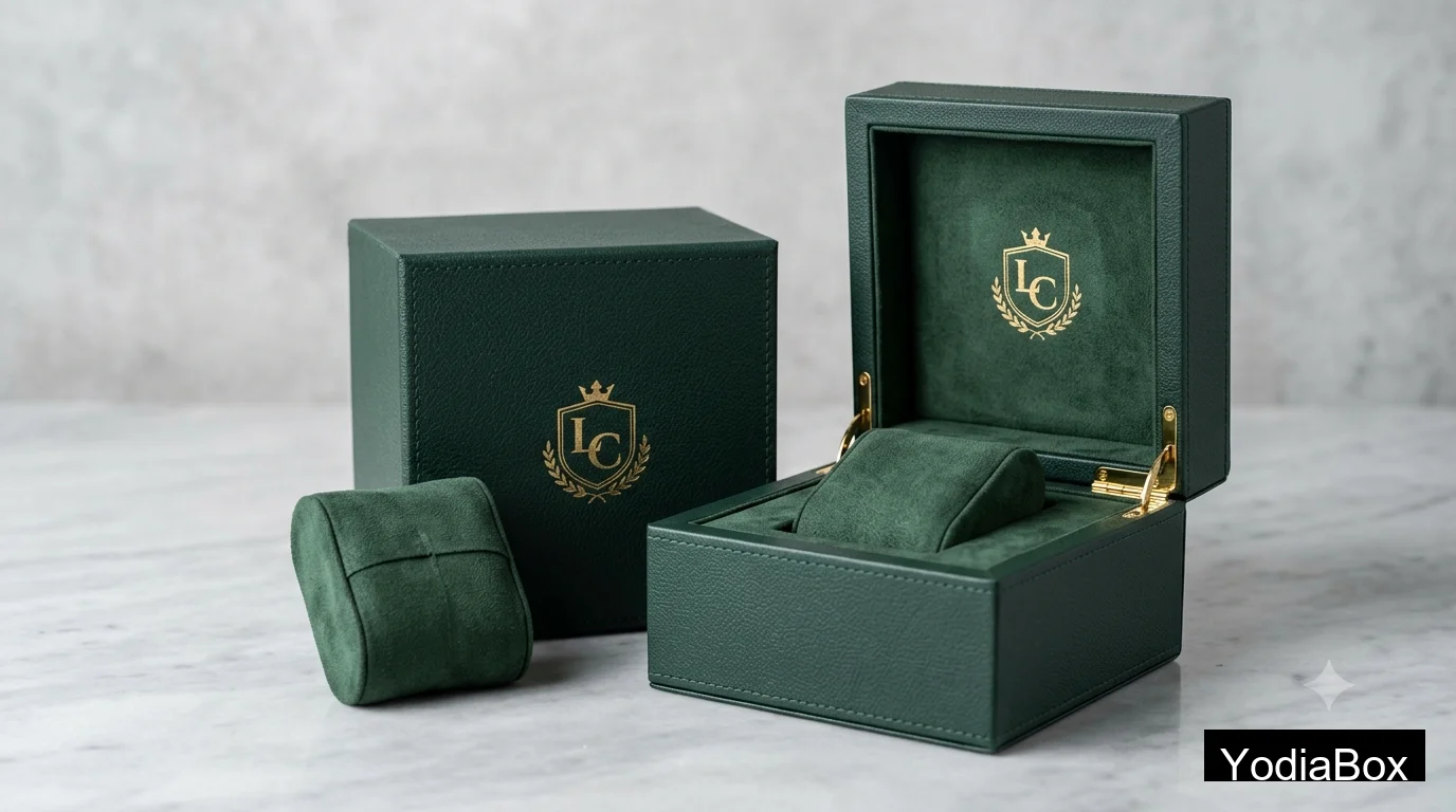 luxury custom watch box in dark green textured paper with gold foil logo and matching removable suede pillow