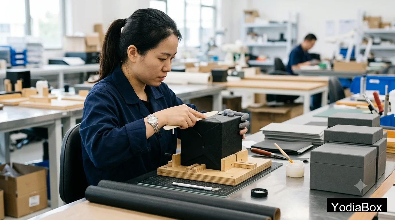production line worker wrapping rigid watch box corners by hand with black textured paper and alignment jig