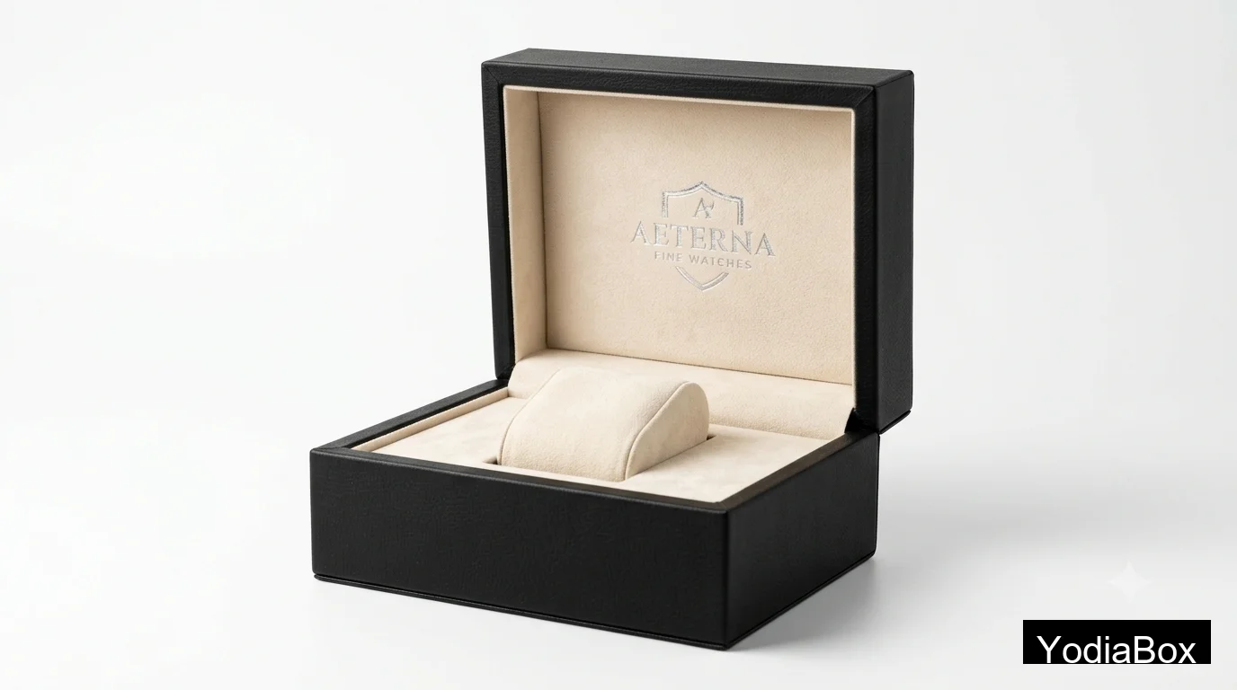 rigid custom watch box with black PU wrap, cream suede pillow, silver foil logo, lid open on white background