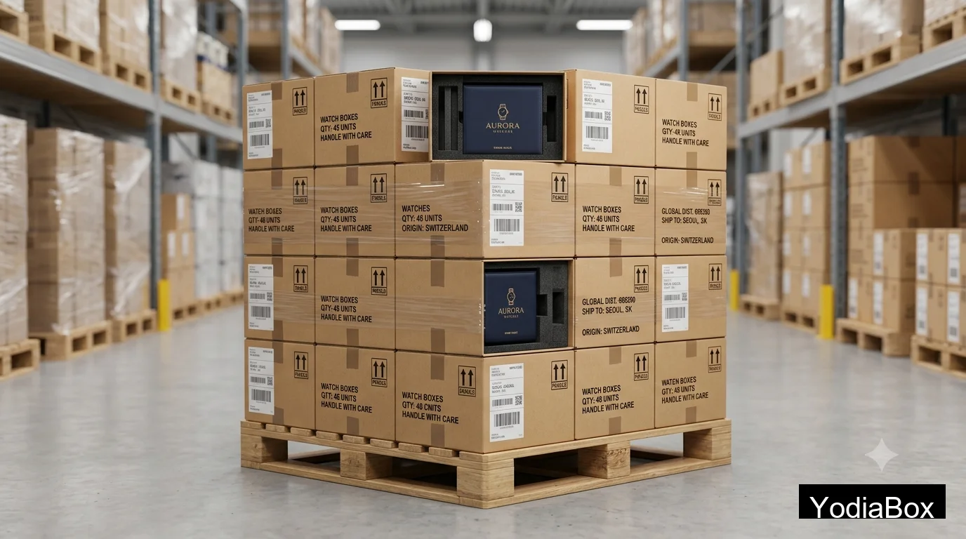 stacked export cartons of branded watch boxes on wooden pallet with shipping labels in warehouse