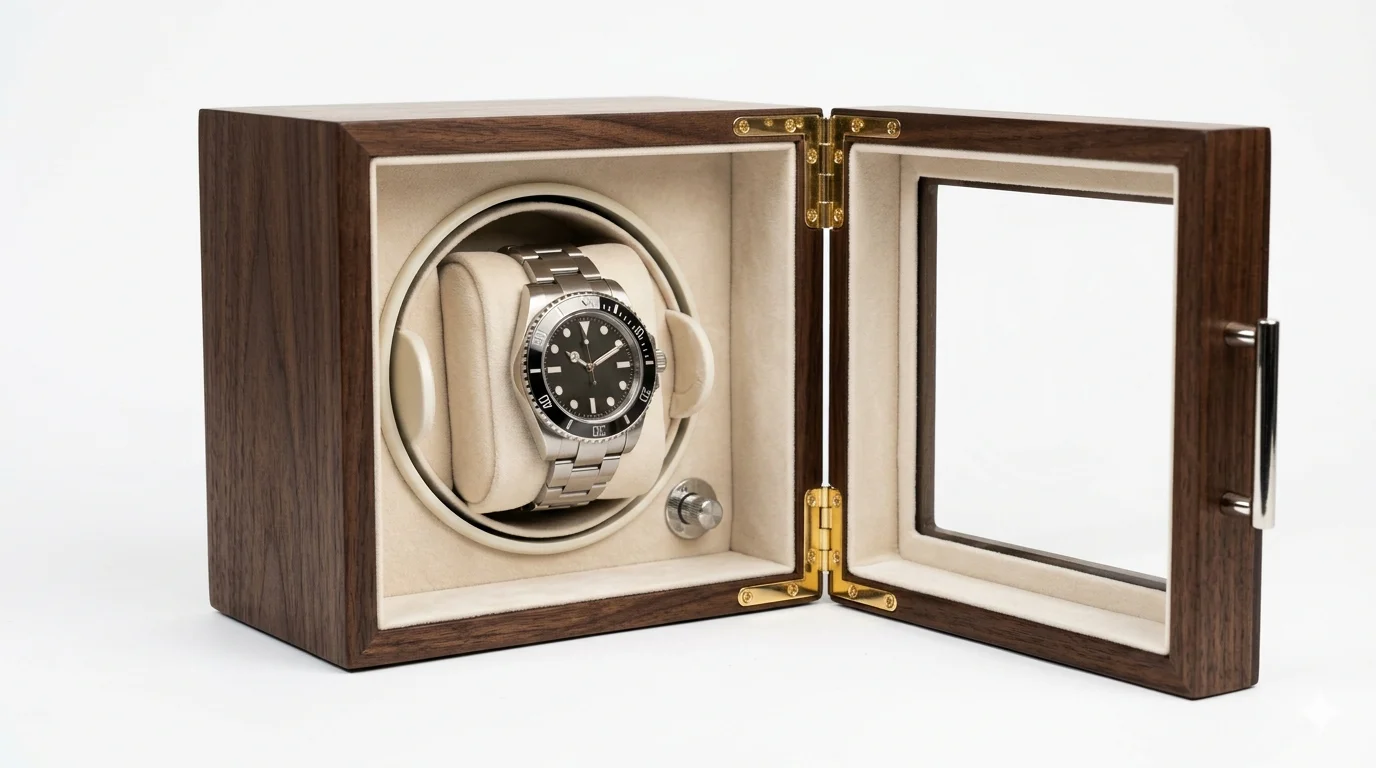 A watch winder box, open, showing a single automatic watch on a padded pillow. The box is made of dark wood with a glass lid, 8