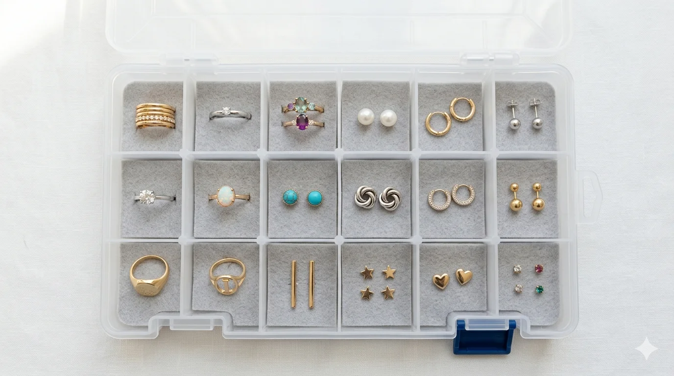 DIY jewelry organizer made from a tackle box, open with felt-lined compartments. The box is plastic with a clear lid, 12