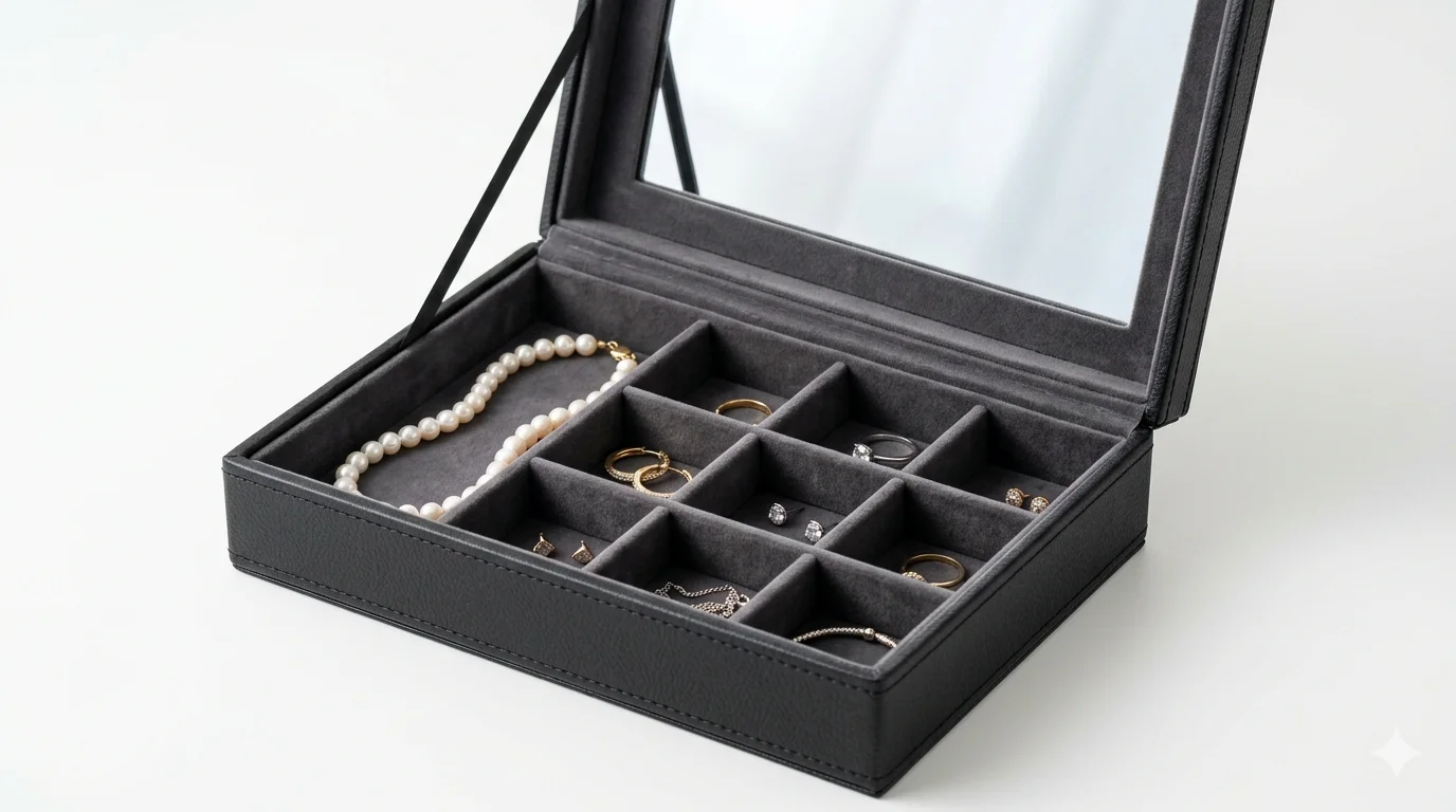 Gift jewelry box, open, showing 12 compartments with a mirror lid. Velvet lining in dark gray, the box is 8