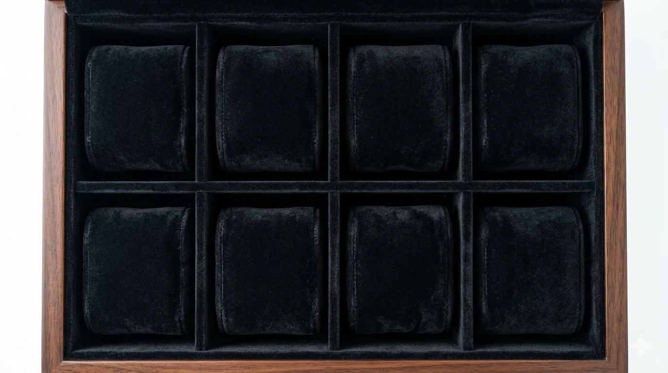 8-slot luxury watch box interior viewed from above showing cushion arrangement, spacing, and velvet-lined compartment dividers — alt text: