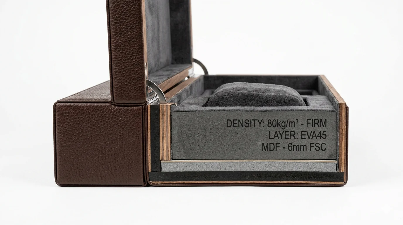 Cross-section photograph of luxury watch box showing substrate layers, foam insert density markings, and leather grain — alt text: