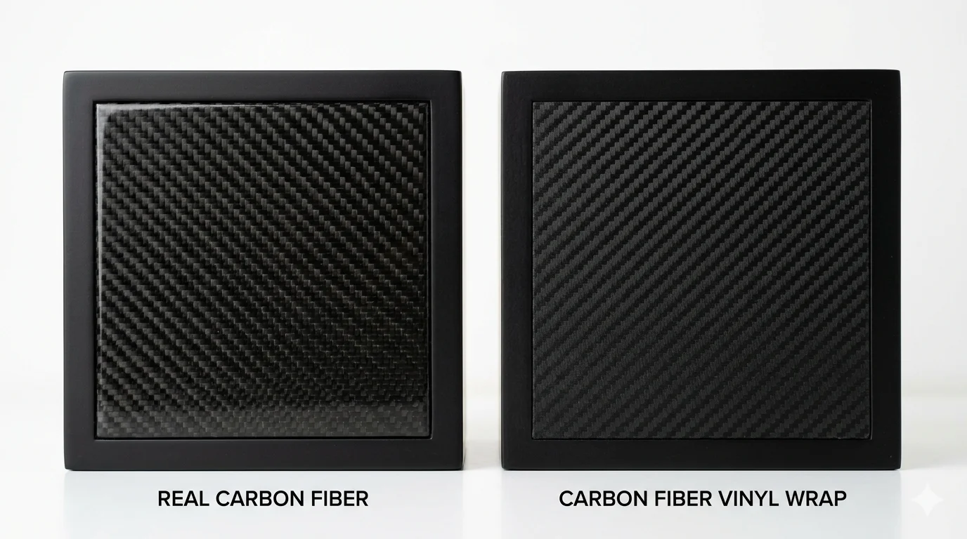 Real carbon fiber watch box panel close-up showing 2×2 twill weave texture vs. carbon fiber vinyl wrap on MDF — alt text: