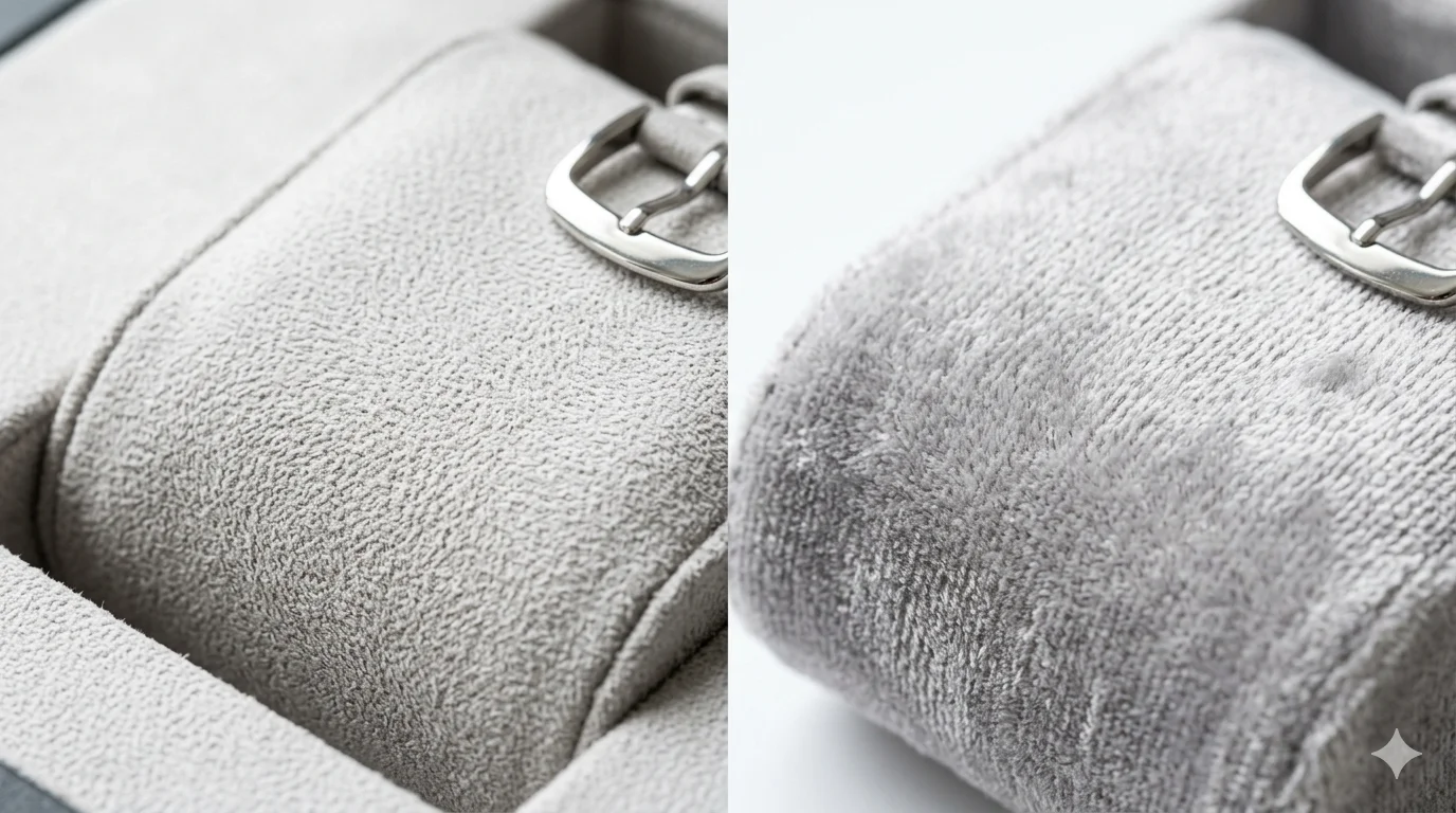 Side-by-side macro photograph of Alcantara interior vs standard velvet interior in watch boxes showing fiber structure — alt text: