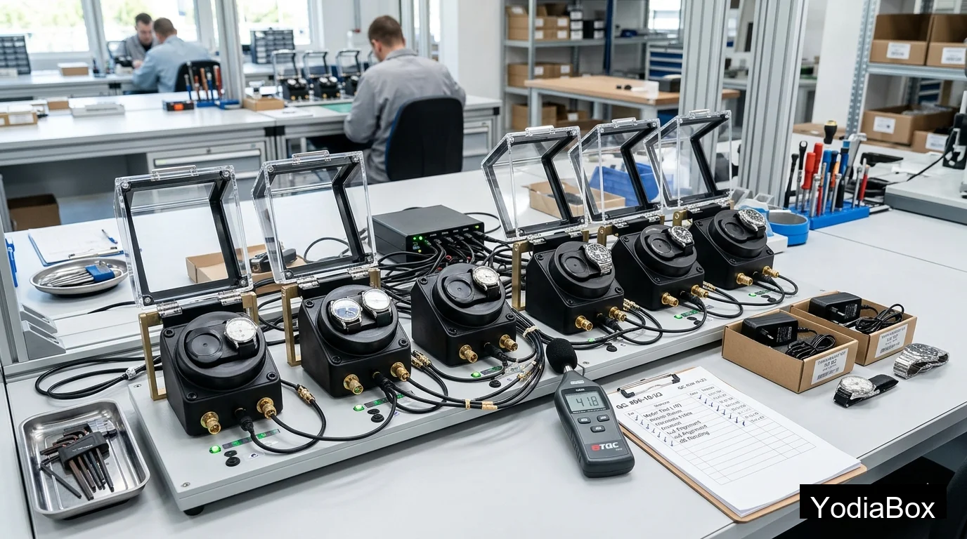 factory QC station testing multiple watch winder motors, adapters, and lid alignment with decibel meter and function checklist