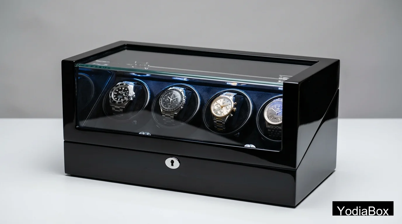 four-slot multi watch winder box in piano black wood finish with LED lighting and lockable glass lid