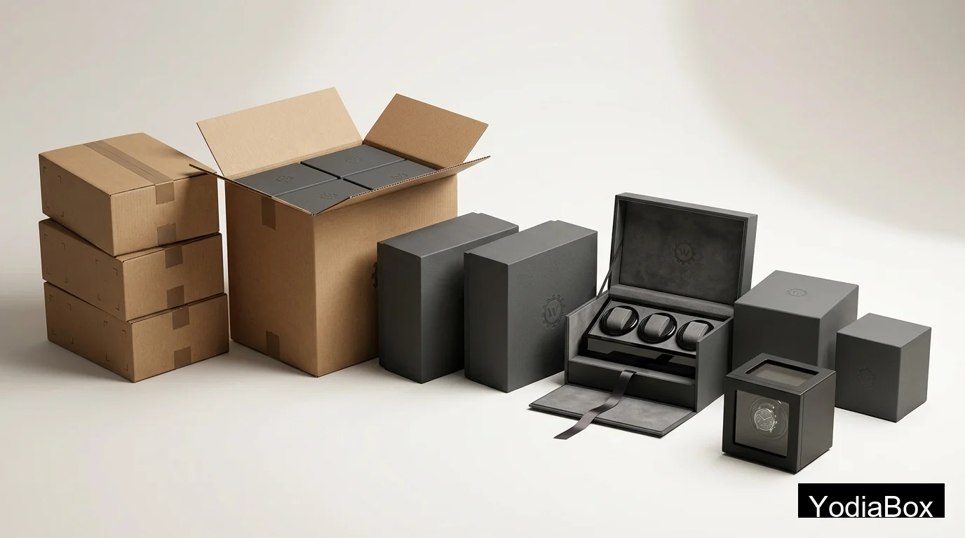 packaging lineup showing single and multi watch winder boxes in branded rigid gift boxes with export master cartons