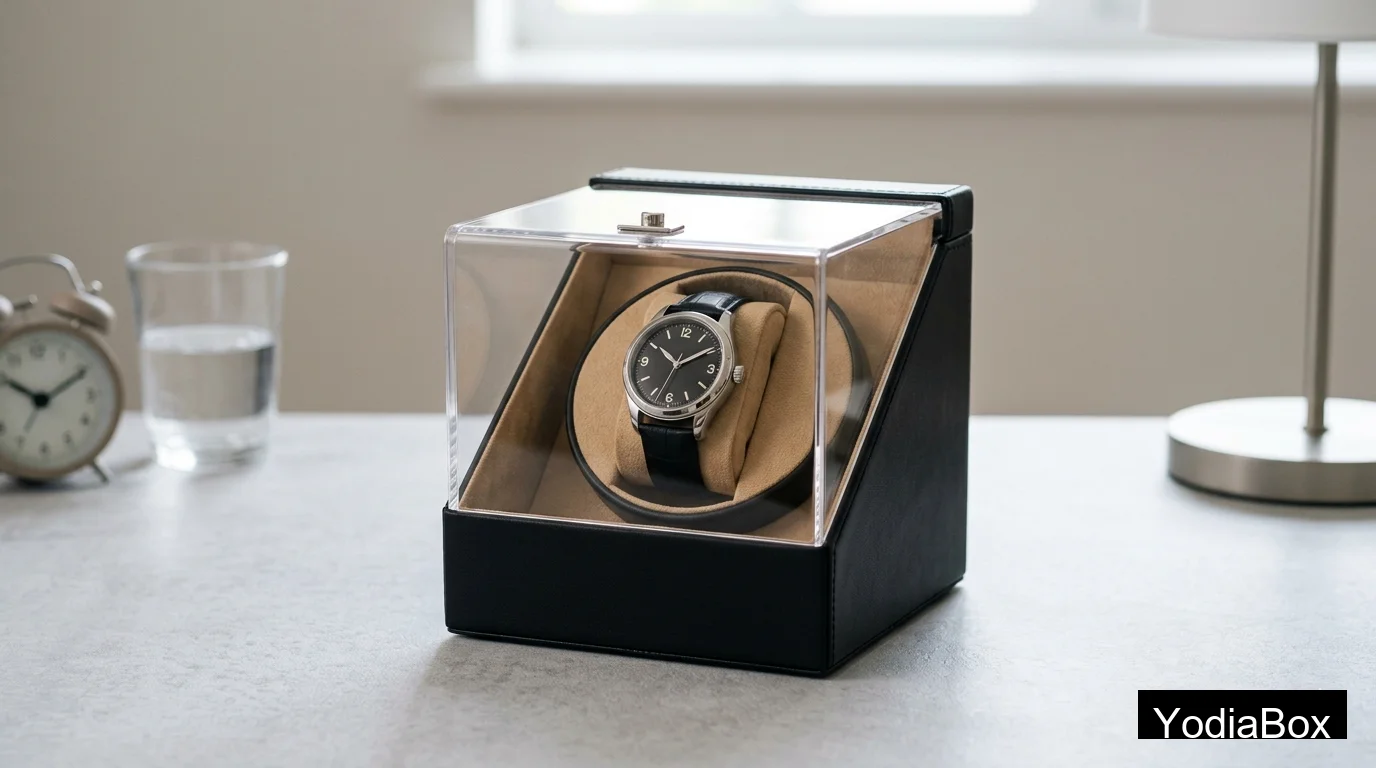 single watch winder box in black PU leather with clear acrylic lid, beige suede interior, compact bedside-size format