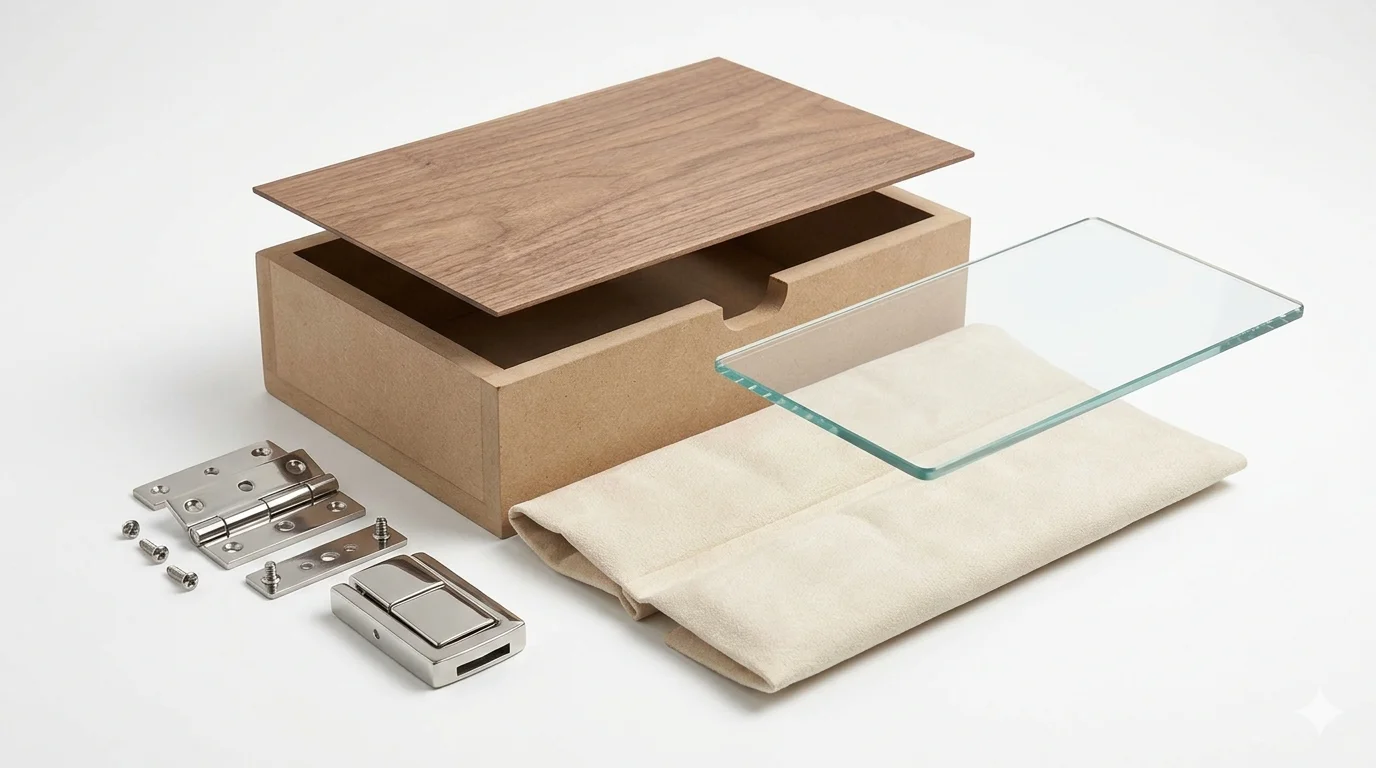 cross-section style factory photo of watch box materials, showing MDF shell, walnut veneer, tempered glass panel, cream microsuede lining, and metal hinge hardware under neutral studio lighting, alt text: exploded view of watch box construction materials and hardware