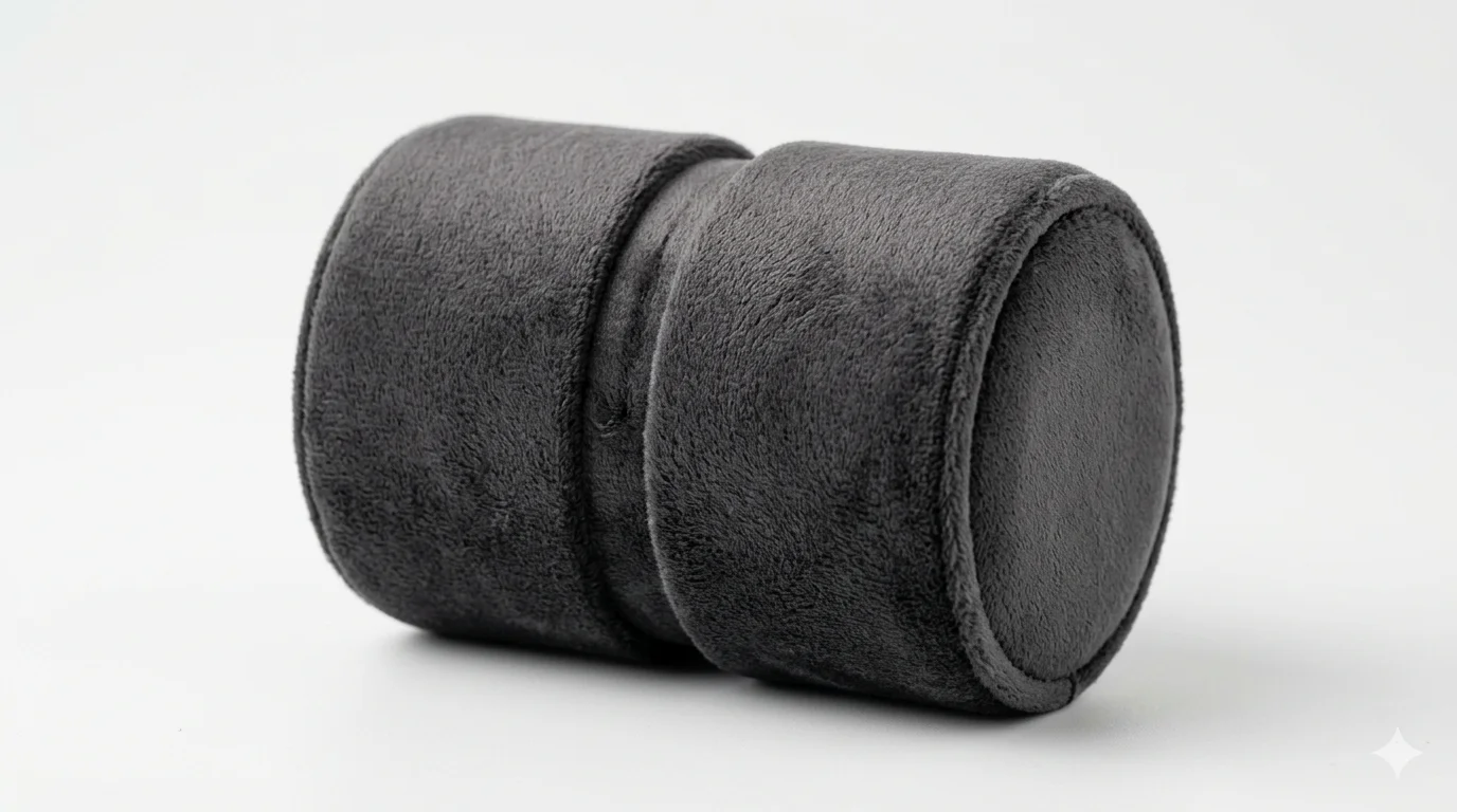 Close-up of a cylindrical watch box cushion with short-pile charcoal velvet, showing nap direction and strap groove, on a neutral background. Alt: 