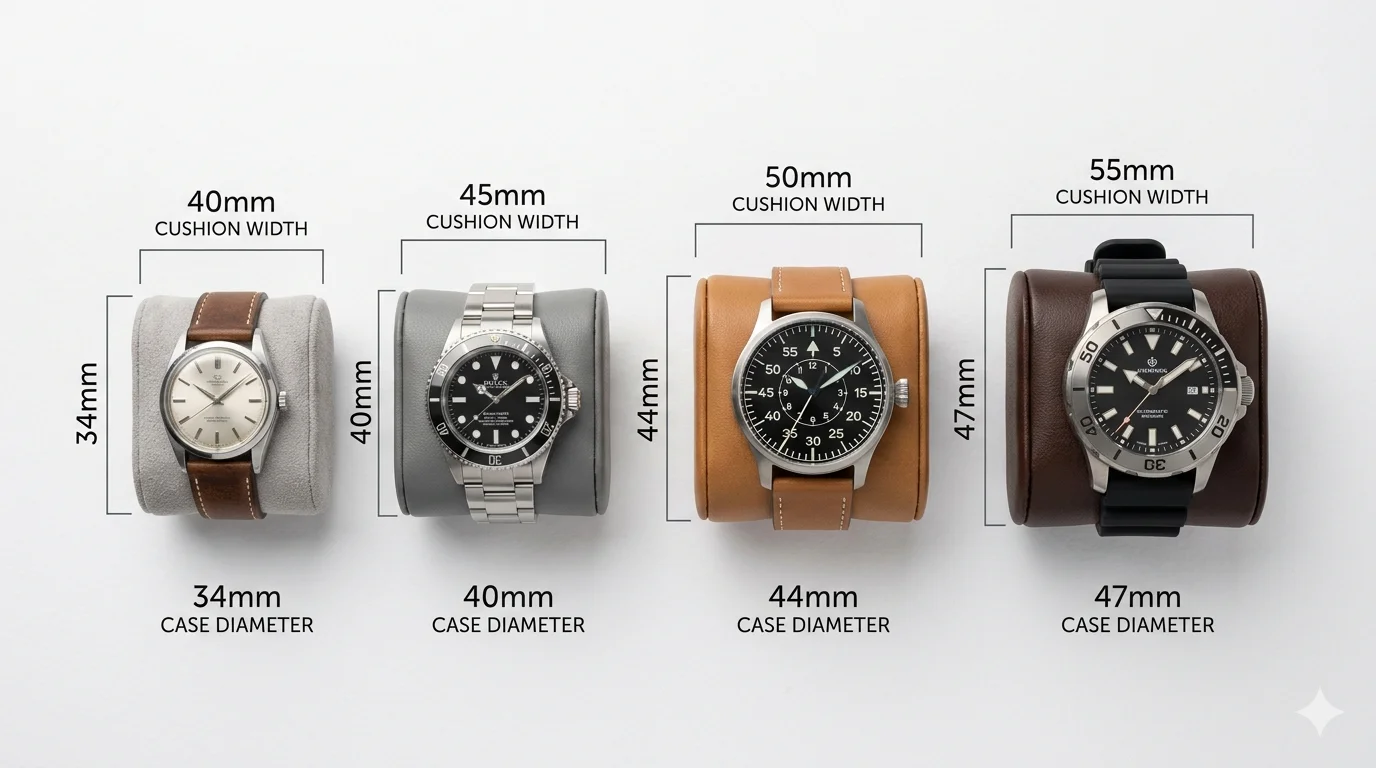 Flat lay of four watch cushions in graduated sizes next to corresponding watches, with dimension callouts. Alt: 