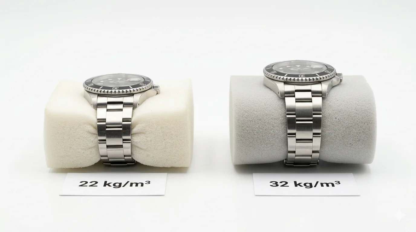 Side-by-side comparison of a 22 kg/m³ foam cushion vs 32 kg/m³ after simulated 6-month compression test, showing height difference. Alt: 