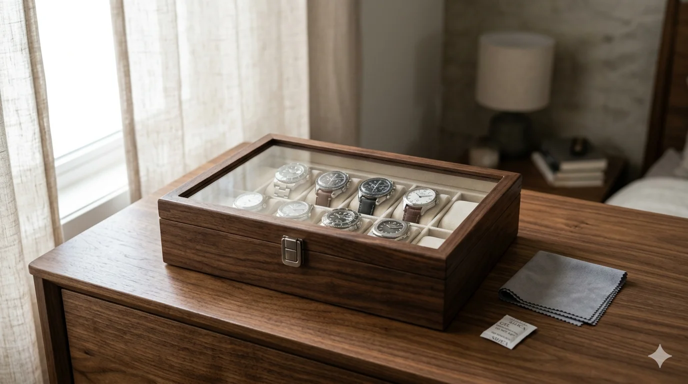 lifestyle photo of an 8-slot glass-top watch box on a walnut dresser near indirect window light, microfiber cloth and silica gel packet beside it, watches neatly spaced, soft morning lighting, alt text: watch box placed correctly on dresser with care accessories nearby