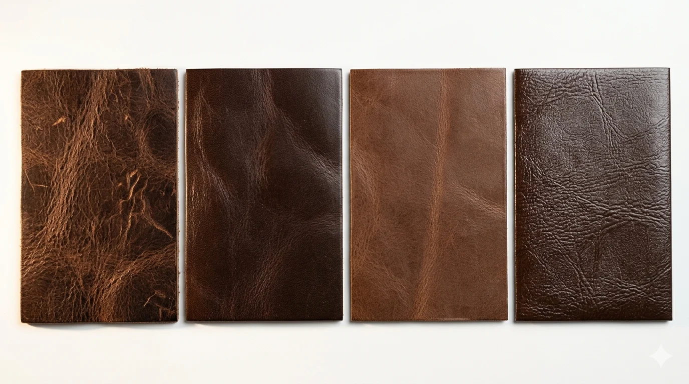 Close-up comparison of full-grain, top-grain, genuine leather, and PU leather watch box exterior panels under raking light, alt text: