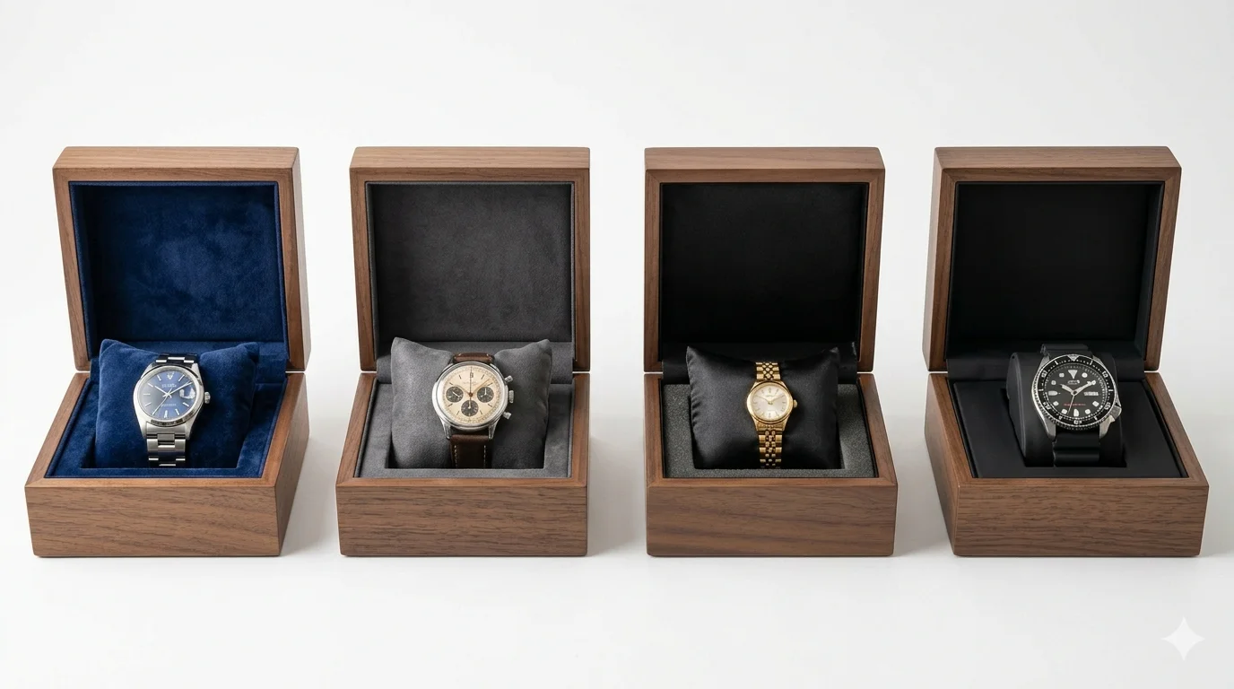 Watch box hardware samples showing polished gold, brushed silver, antique brass, and PVD black finishes on hinge and clasp components, alt text:
