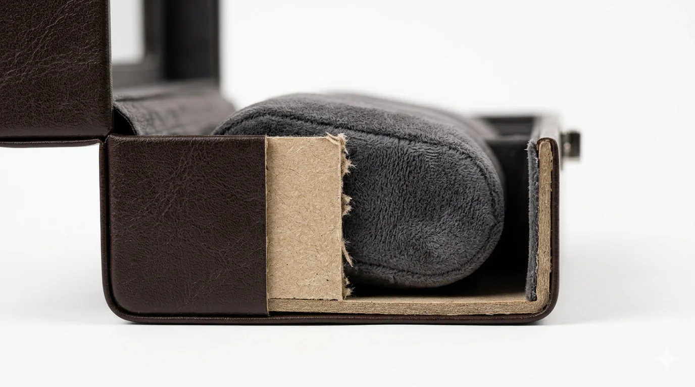 Close-up of watch box cross-section showing layered construction: outer leatherette shell, inner velvet pillow, cardboard substrate — alt text: