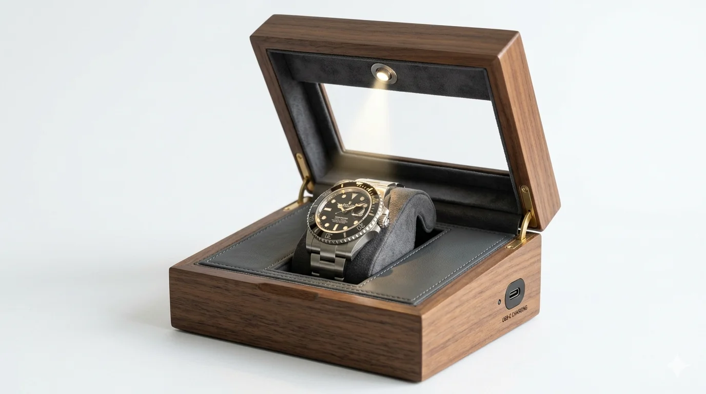 LED watch box interior showing spotlight illuminating watch face, USB-C charging port visible on side — alt text: