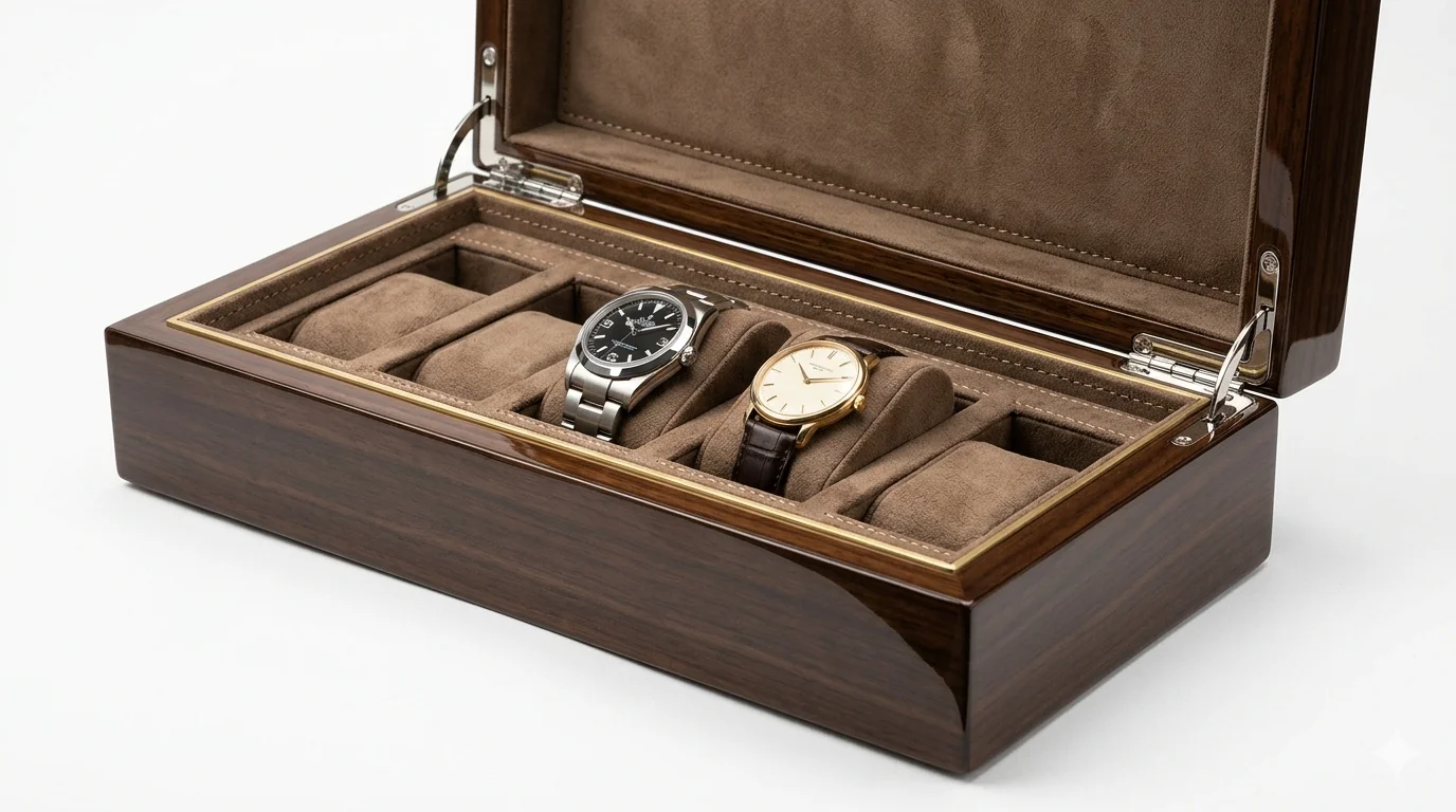 Luxury watch box with piano-finish lacquered wood exterior and hand-stitched suede interior, open with soft-close hinge visible — alt text: