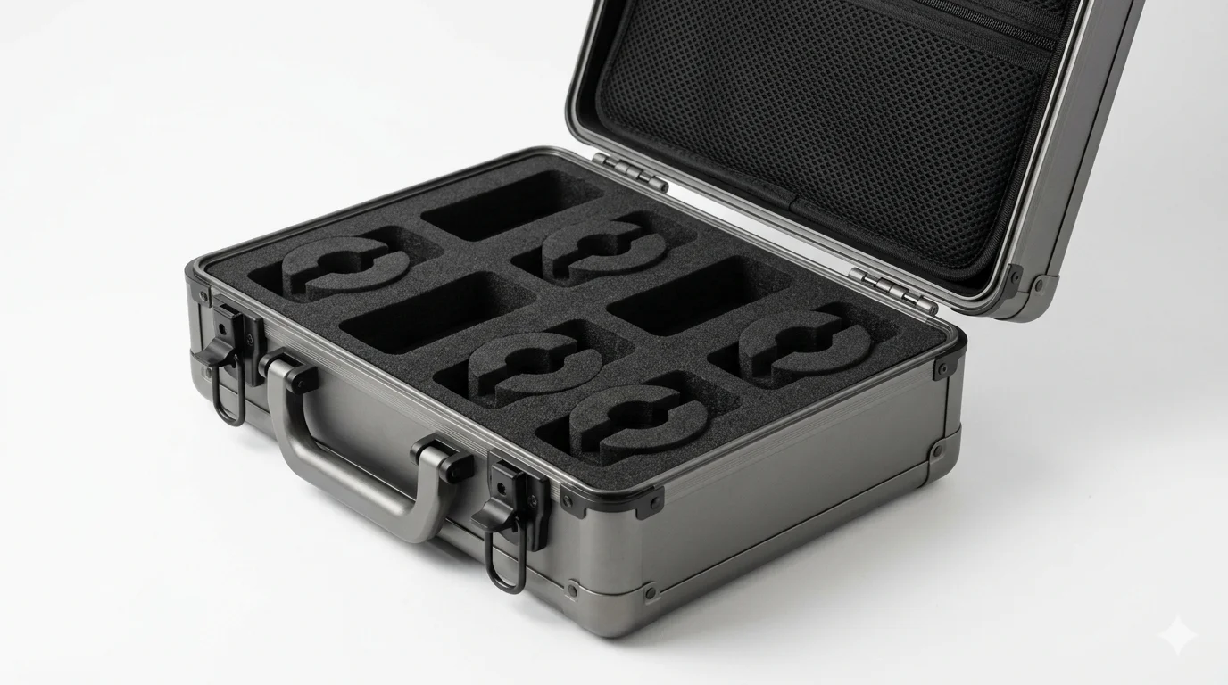 Hard-shell watch travel case open showing 4 watch cutouts in black EVA foam, case exterior shown in graphite aluminum, alt=