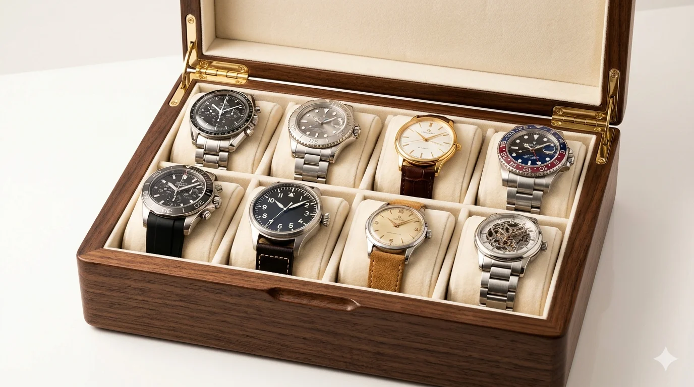 Open 8-slot watch box showing two rows of watches on cushion pillars, warm studio lighting, alt=