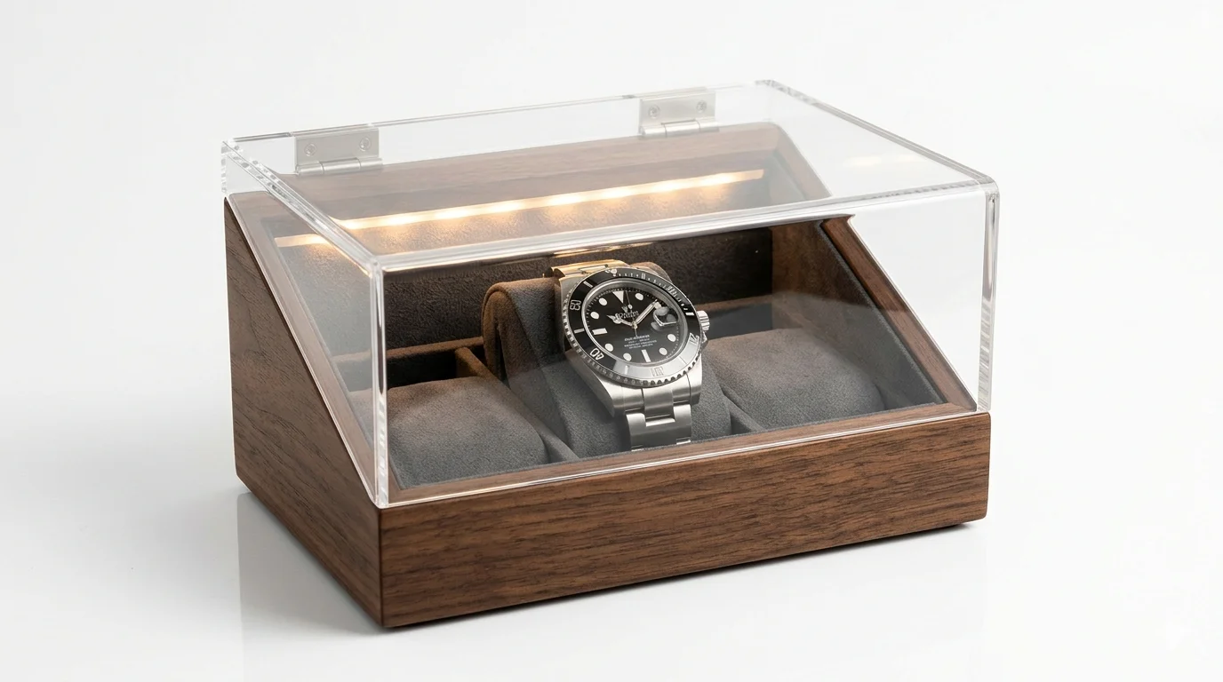 Single watch box open on white surface, showing velvet pillow insert and magnetic closure, product photography angle 45 degrees, alt=