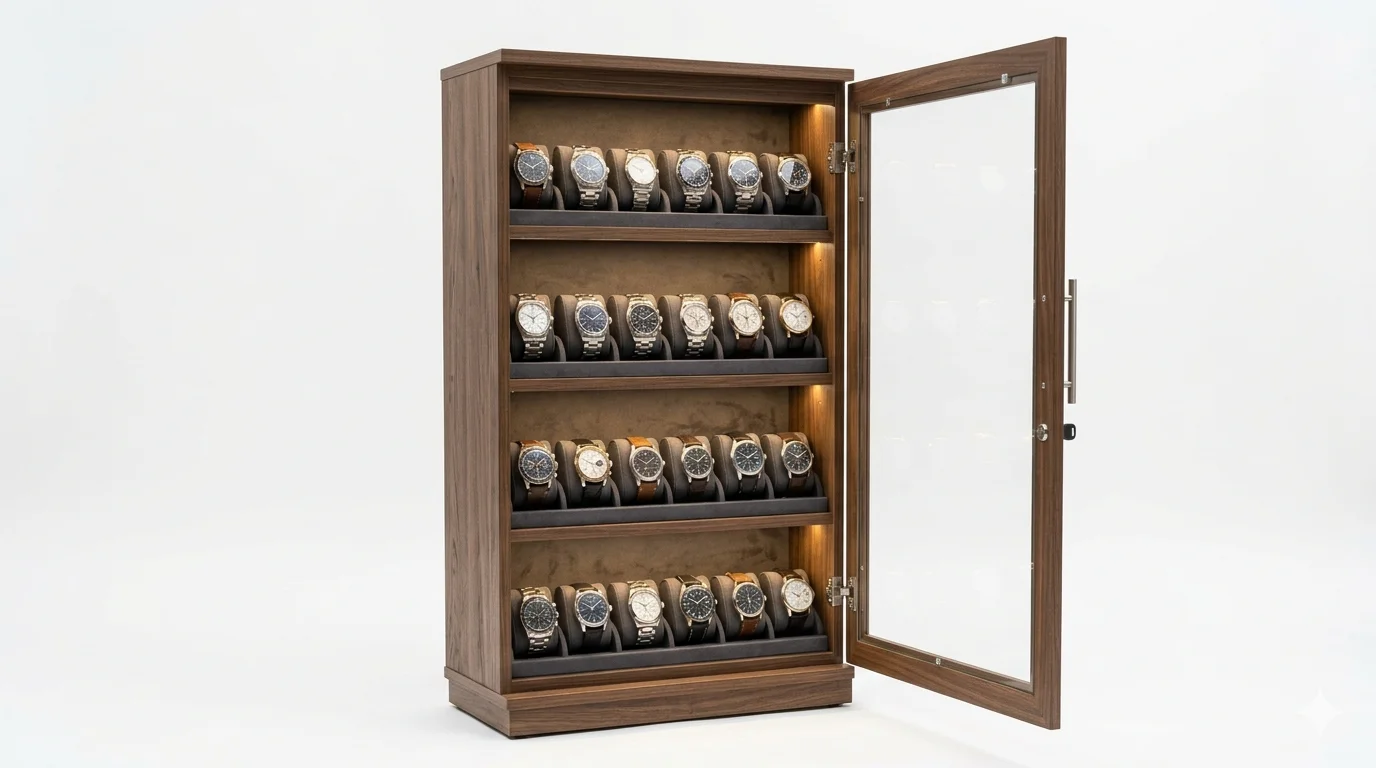 Tall freestanding watch collector cabinet with glass door open, showing 24 watch cushion pillars under warm LED lighting, walnut-effect exterior, alt=