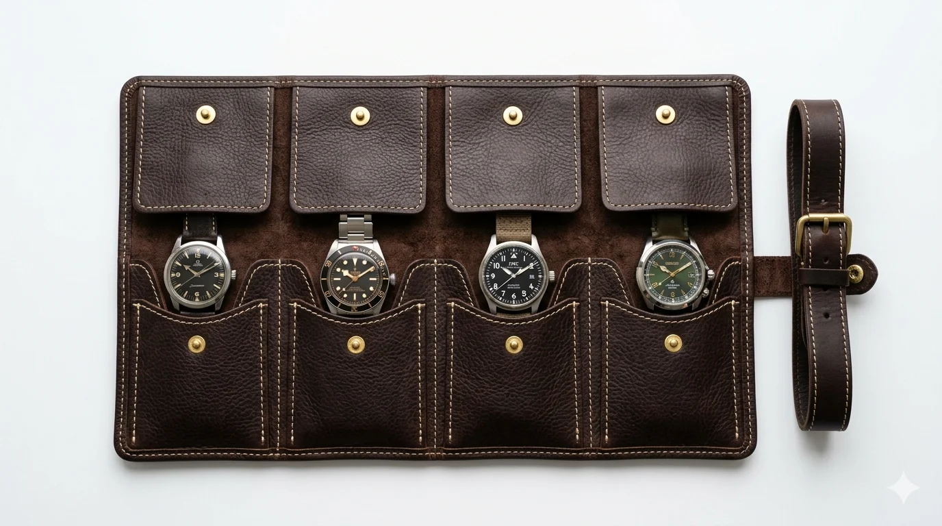 Watch roll unrolled flat showing 4 watch pockets in dark brown leather, stitching detail visible, alt=