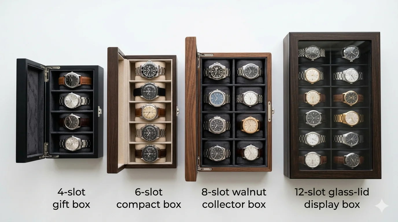 top-down photo of four watch box layouts side by side—4-slot gift box, 6-slot compact box, 8-slot walnut collector box, and 12-slot glass-lid display box—shot under even daylight with clear spacing labels, alt text: comparison of four watch box sizes and slot layouts from above