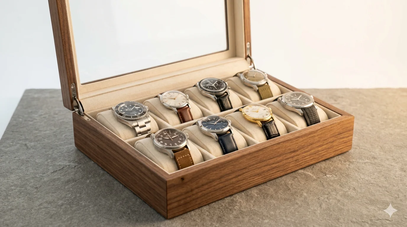 walnut veneer 8-slot watch box photographed at a 45-degree front angle on a matte stone surface, warm side lighting, glass lid open, cream microsuede interior visible, mixed steel and leather-strap watches inside, alt text: walnut watch box with glass lid and cream suede interior holding eight watches